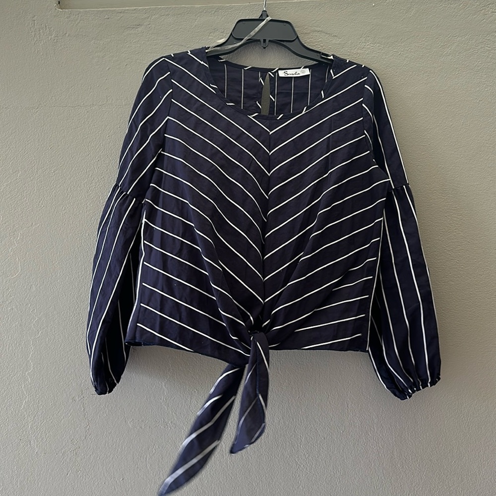 Search’s navy blue striped blouse